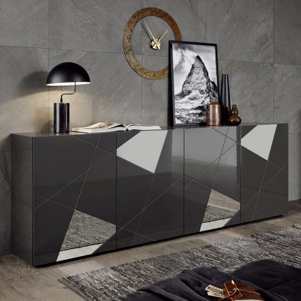 Victoria Mirrored High Gloss Sideboard With 4 Doors In Grey | Bed Sava