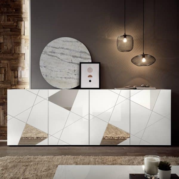 Victoria Mirrored High Gloss Sideboard With 4 Doors In White | Bed Sava