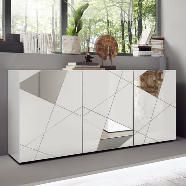 Victoria Mirrored High Gloss Sideboard With 3 Doors In White | Bed Sava