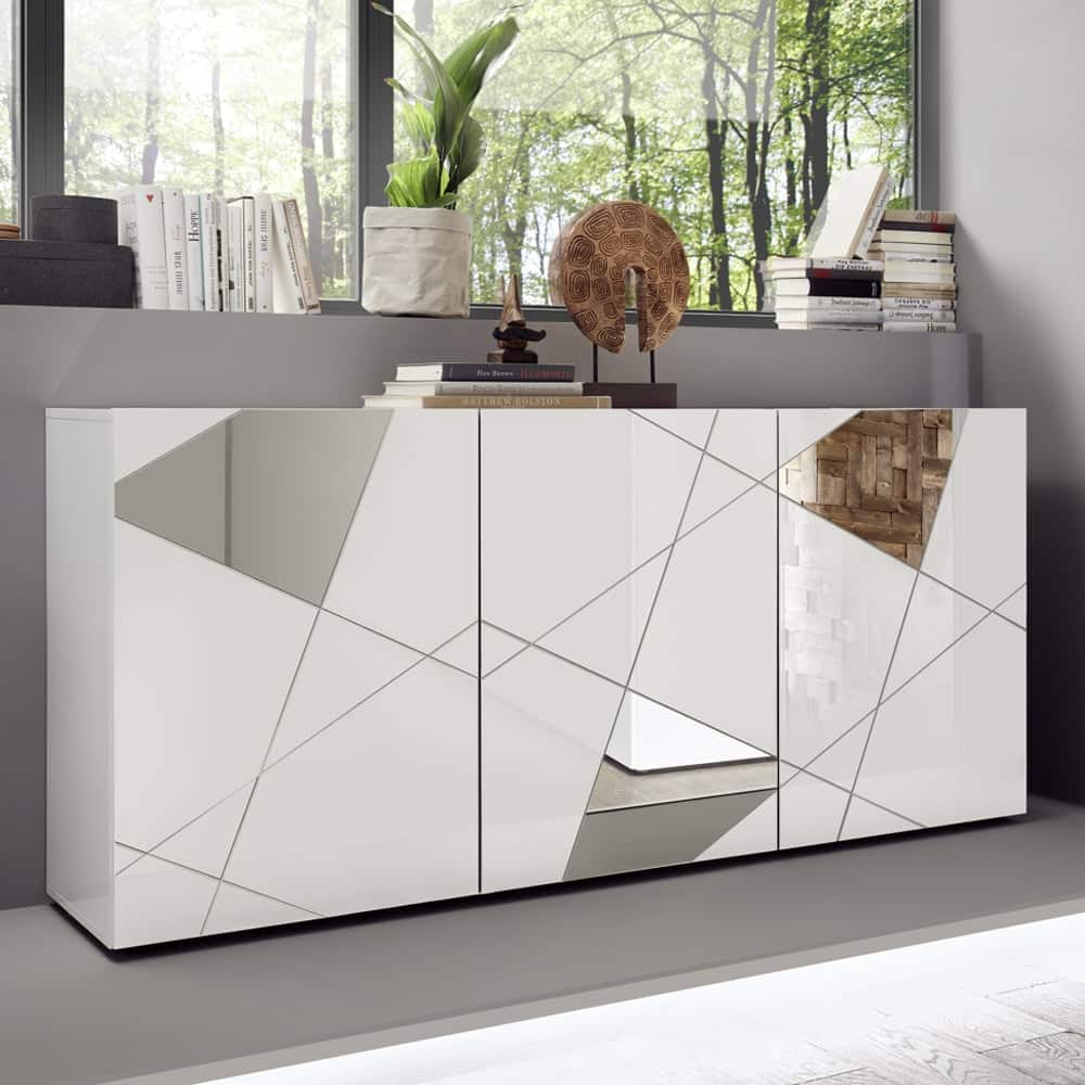 Victoria Mirrored High Gloss Sideboard With 3 Doors In White