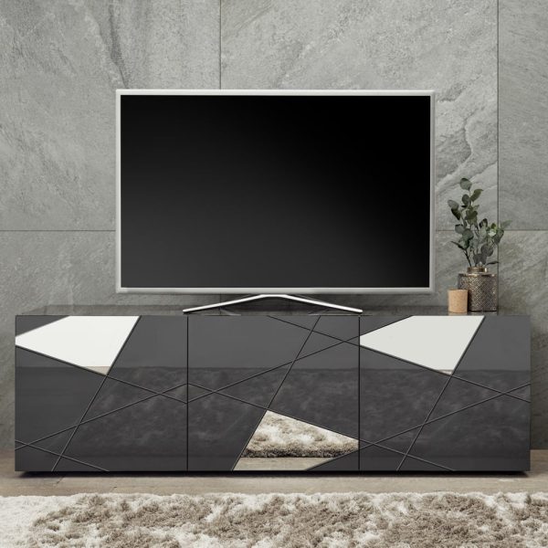 Victoria Mirrored High Gloss TV Stand With 3 Doors In Grey | Bed Sava