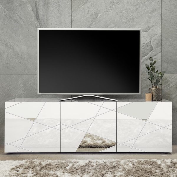 Victoria Mirrored High Gloss TV Stand With 3 Doors In White | Bed Sava