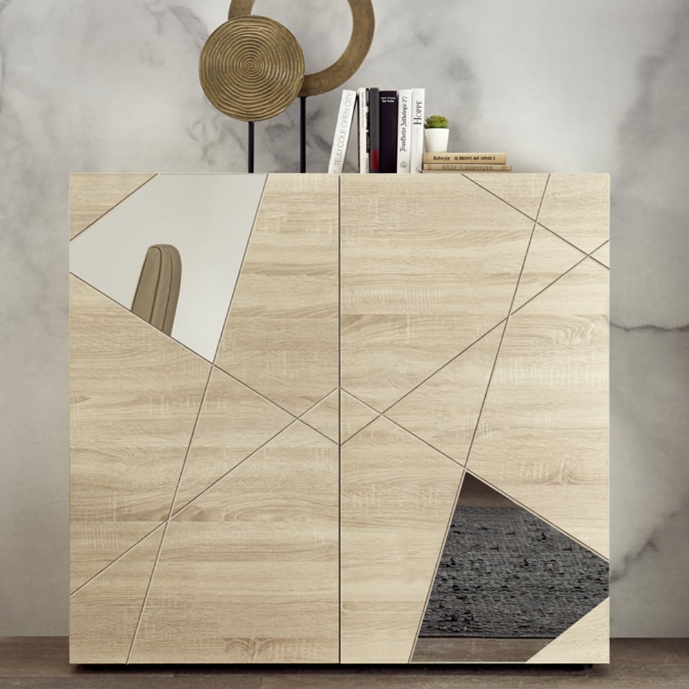 Victoria Mirrored Wooden Highboard With 2 Doors In Sonoma Oak