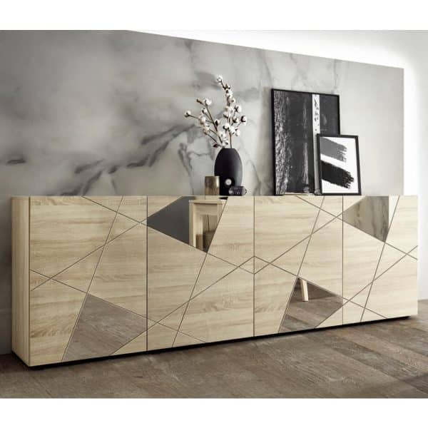 Victoria Mirrored Wooden Sideboard With 4 Doors In Sonoma Oak | Bed Sava