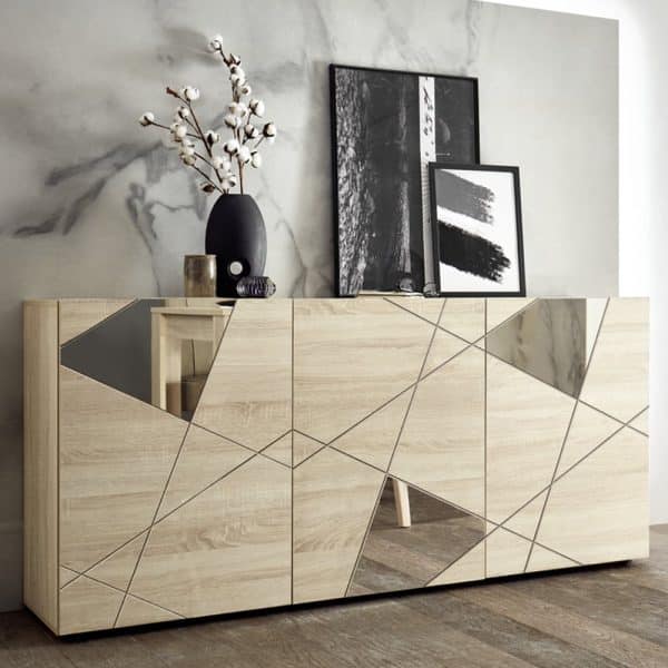 Victoria Mirrored Wooden Sideboard With 3 Doors In Sonoma Oak | Bed Sava