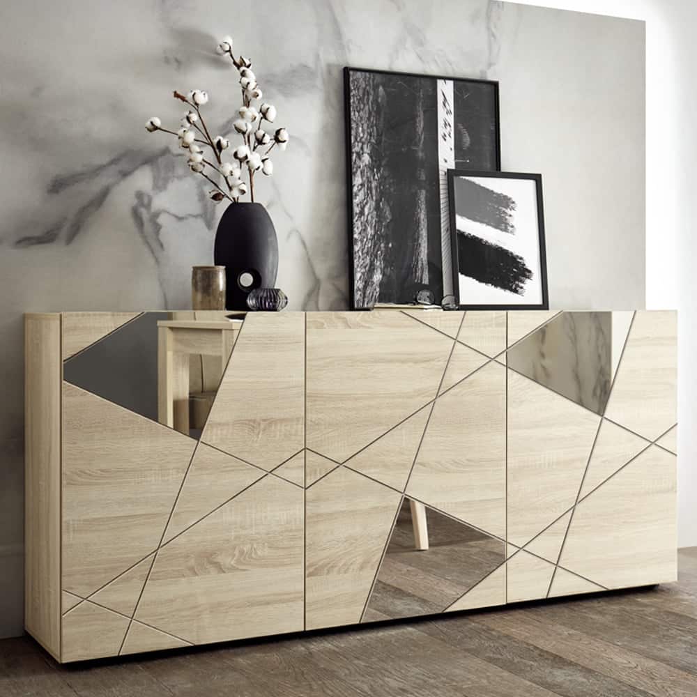 Victoria Mirrored Wooden Sideboard With 3 Doors In Sonoma Oak