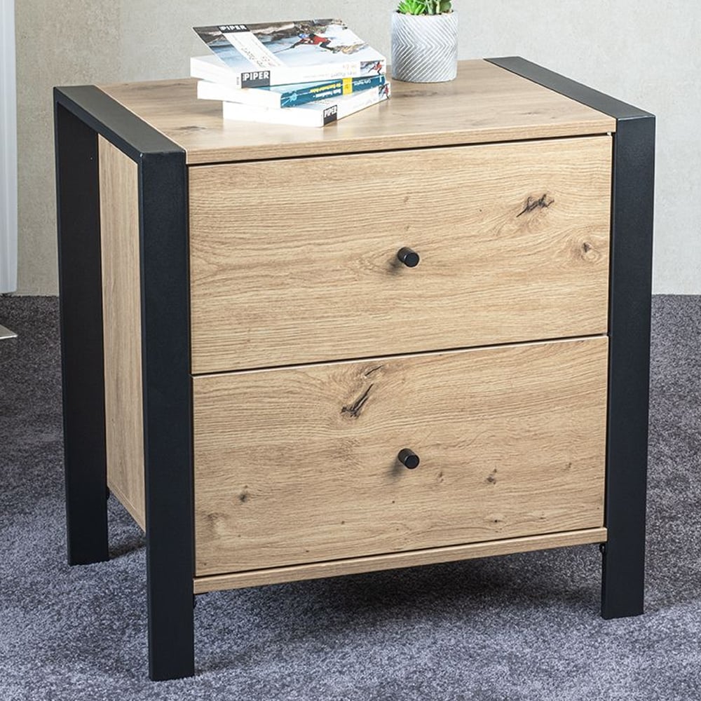 Vidor Wooden Bedside Cabinet With 2 Drawers In Oak And Black