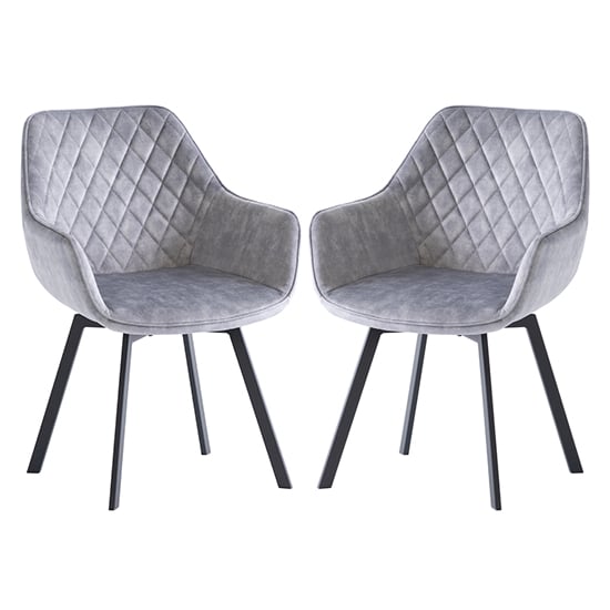 Viha Swivel Silver Velvet Dining Chairs In Pair