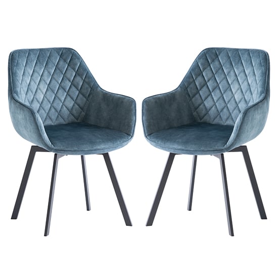 Viha Swivel Teal Velvet Dining Chairs In Pair