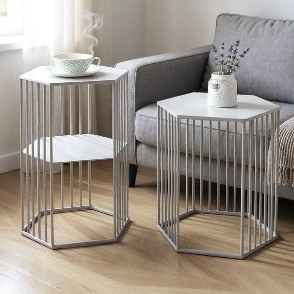 Vineland Metal Hexagonal Nest Of 2 Tables In Grey | Bed Sava
