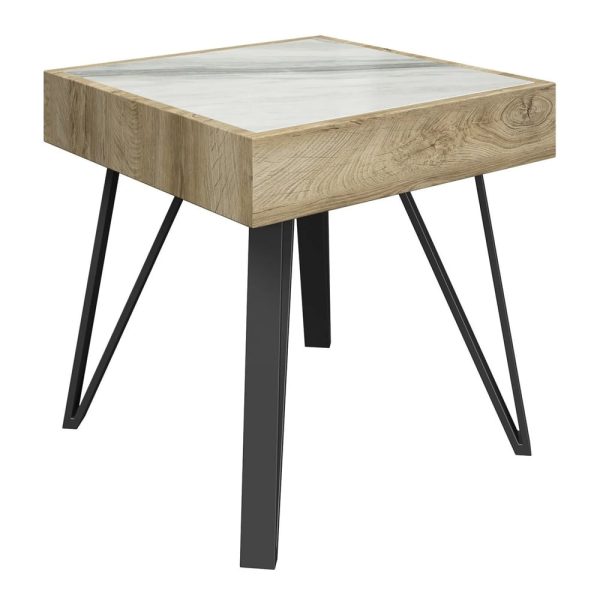 Vinita Sintered Stone Ceramic Side Table In White And Oak | Bed Sava