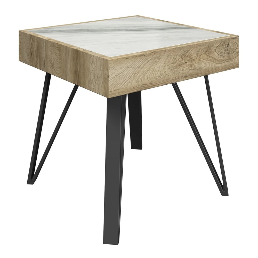Vinita Sintered Stone Ceramic Side Table In White And Oak