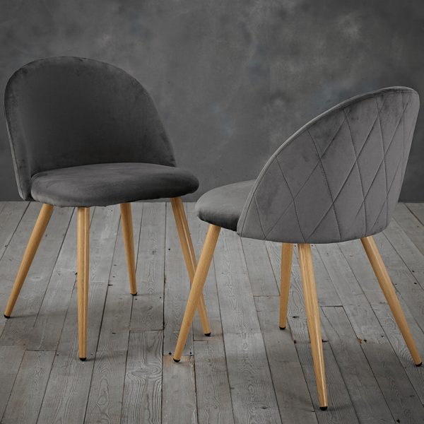 Vinos Grey Velvet Dining Chairs With Oak Metal Legs In Pair | Bed Sava