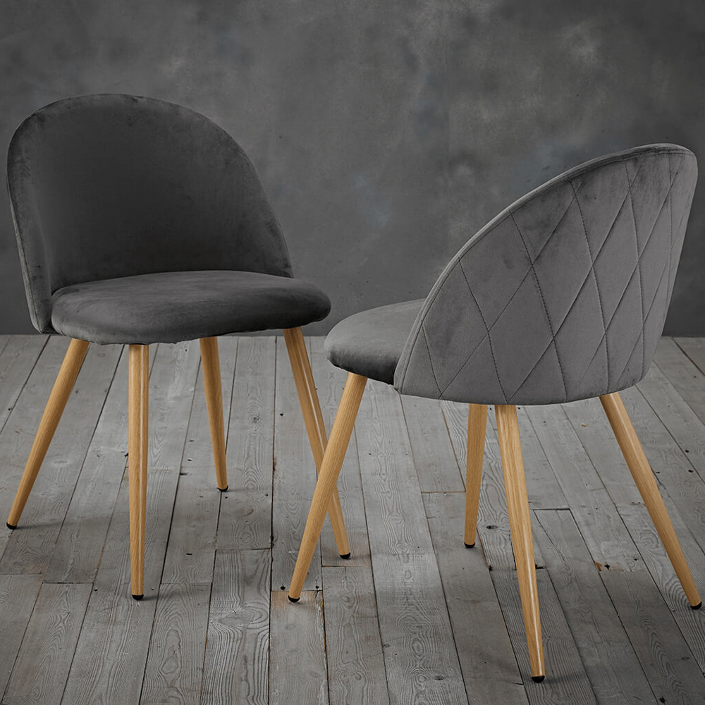Vinos Grey Velvet Dining Chairs With Oak Metal Legs In Pair