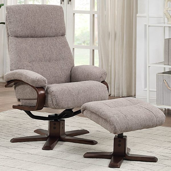 Viroqua Fabric Recliner Chair With Stool In Taupe | Bed Sava