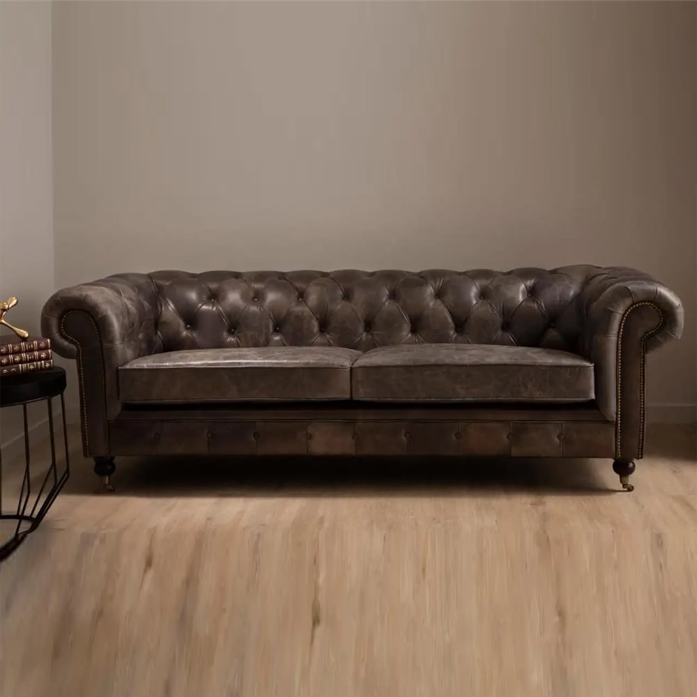 Viroqua Genuine Leather 3 Seater Sofa In Dark Grey
