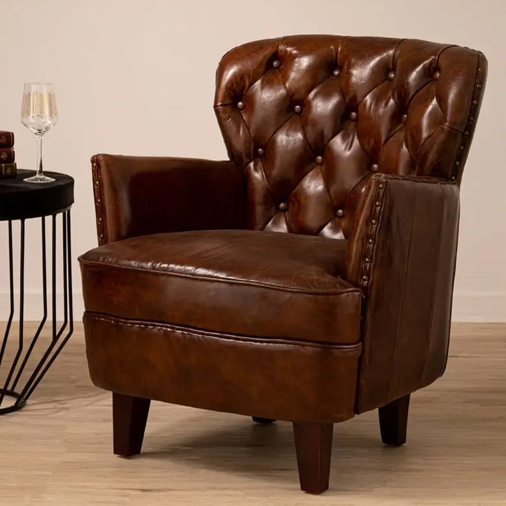 Viroqua Genuine Leather Bedroom Chair In Brown