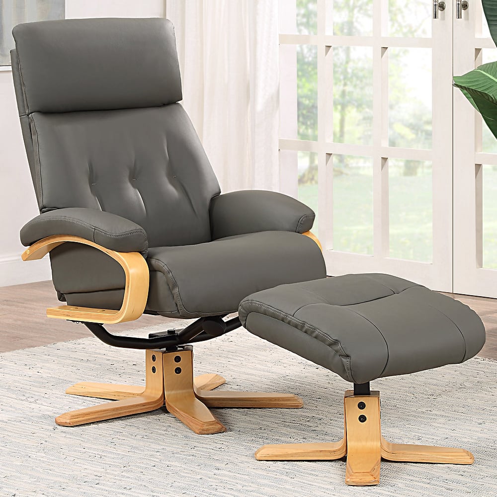 Viroqua Leather Recliner Chair With Stool In Charcoal