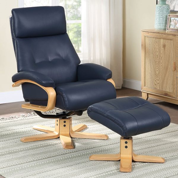 Viroqua Leather Recliner Chair With Stool In Navy | Bed Sava
