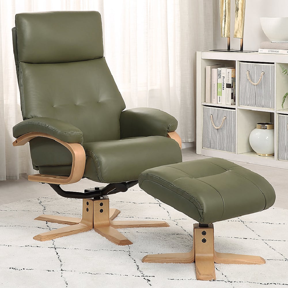 Viroqua Leather Recliner Chair With Stool In Olive Green