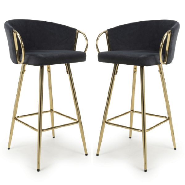 Visalia Black Velvet Bar Stools With Gold Legs In Pair | Bed Sava