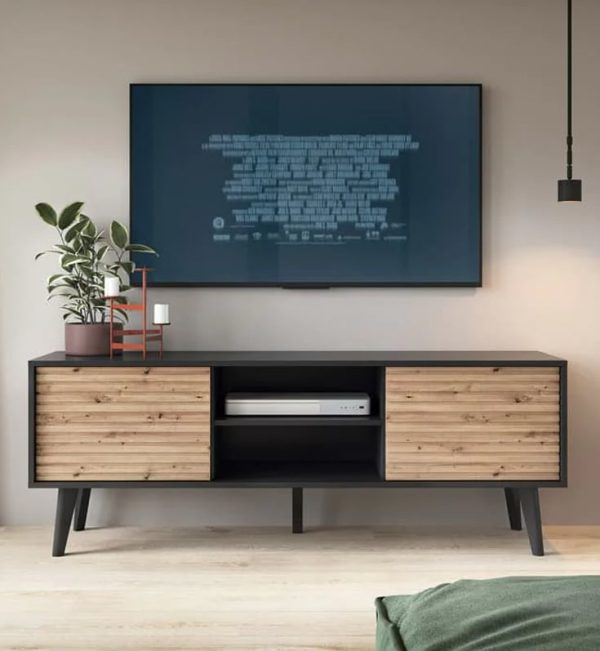Waco Wooden TV Stand With 2 Doors In Artisan Oak And Black | Bed Sava