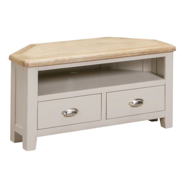 Waldorf Wooden Corner TV Stand With 2 Drawers In Oak And White | Bed Sava