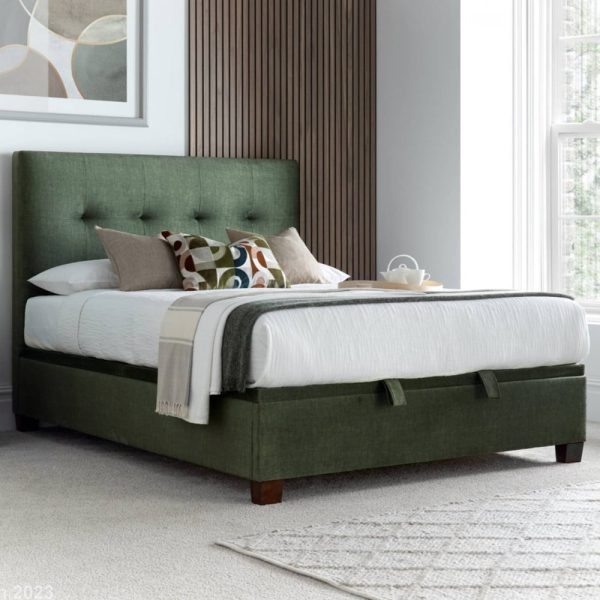 Walker Velvet Ottoman Storage King Size Bed In Winter Moss | Bed Sava