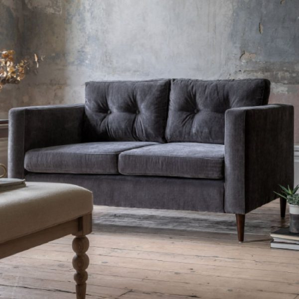 Wantagh Velvet 2 Seater Sofa With Oak Legs In Charcoal | Bed Sava