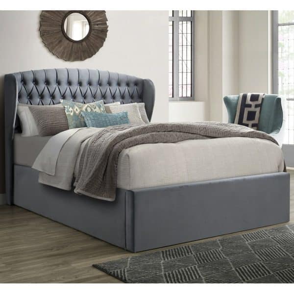 Warren Velvet Ottoman Storage Double Bed In Grey | Bed Sava