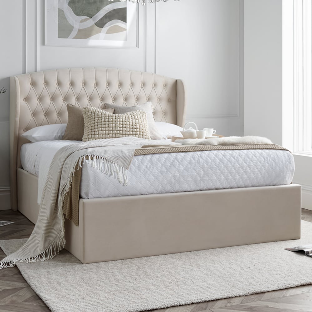 Warren Velvet Ottoman Storage King Size Bed In Oatmeal