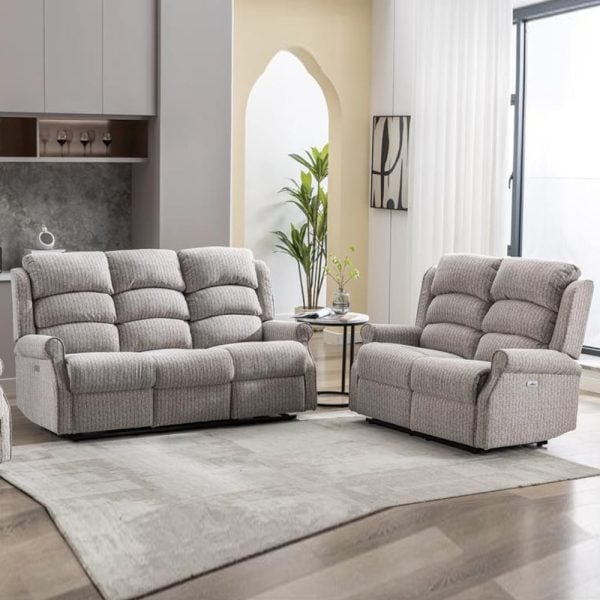 Warth Fabric Electric Recliner 3+2 Seater Sofa Set In Natural | Bed Sava