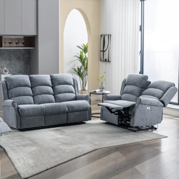 Warth Fabric Electric Recliner 3+2 Seater Sofa Set In Steel Blue | Bed Sava