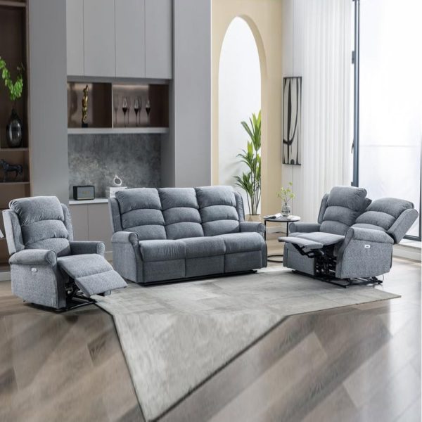 Warth Fabric Electric Recliner Sofa Suite In Steel Blue | Bed Sava