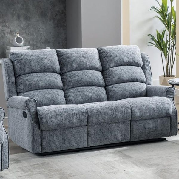 Warth Fabric Recliner 3 Seater Sofa In Steel Blue | Bed Sava