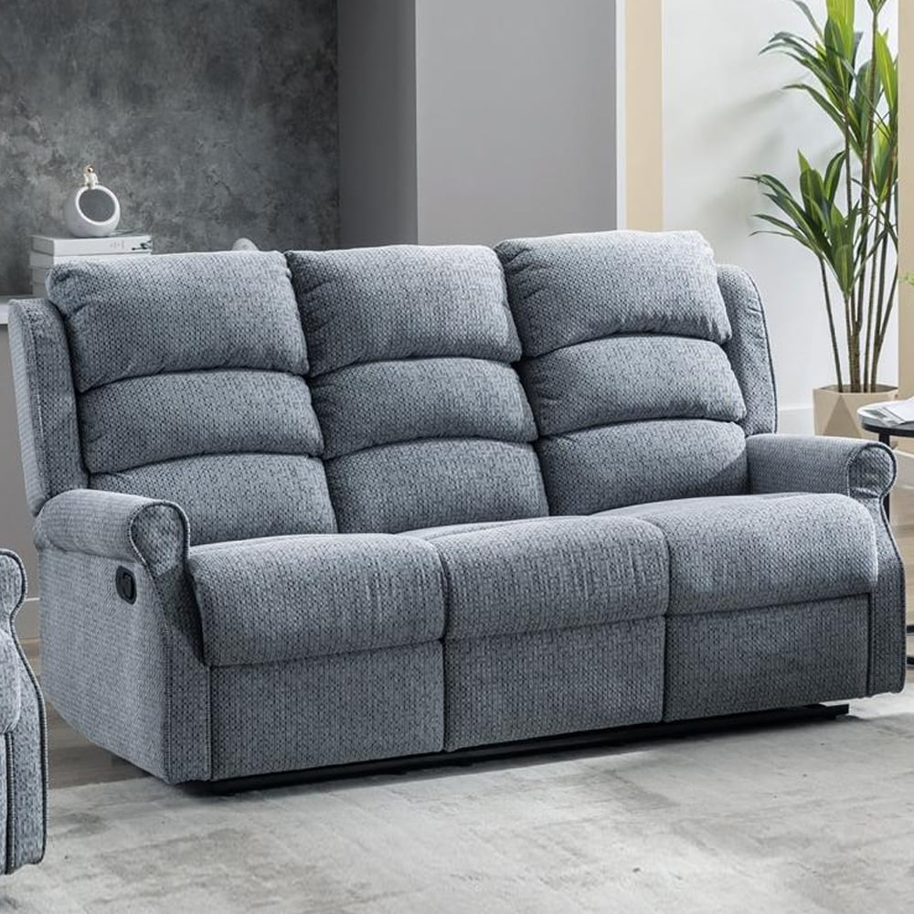 Warth Fabric Recliner 3 Seater Sofa In Steel Blue