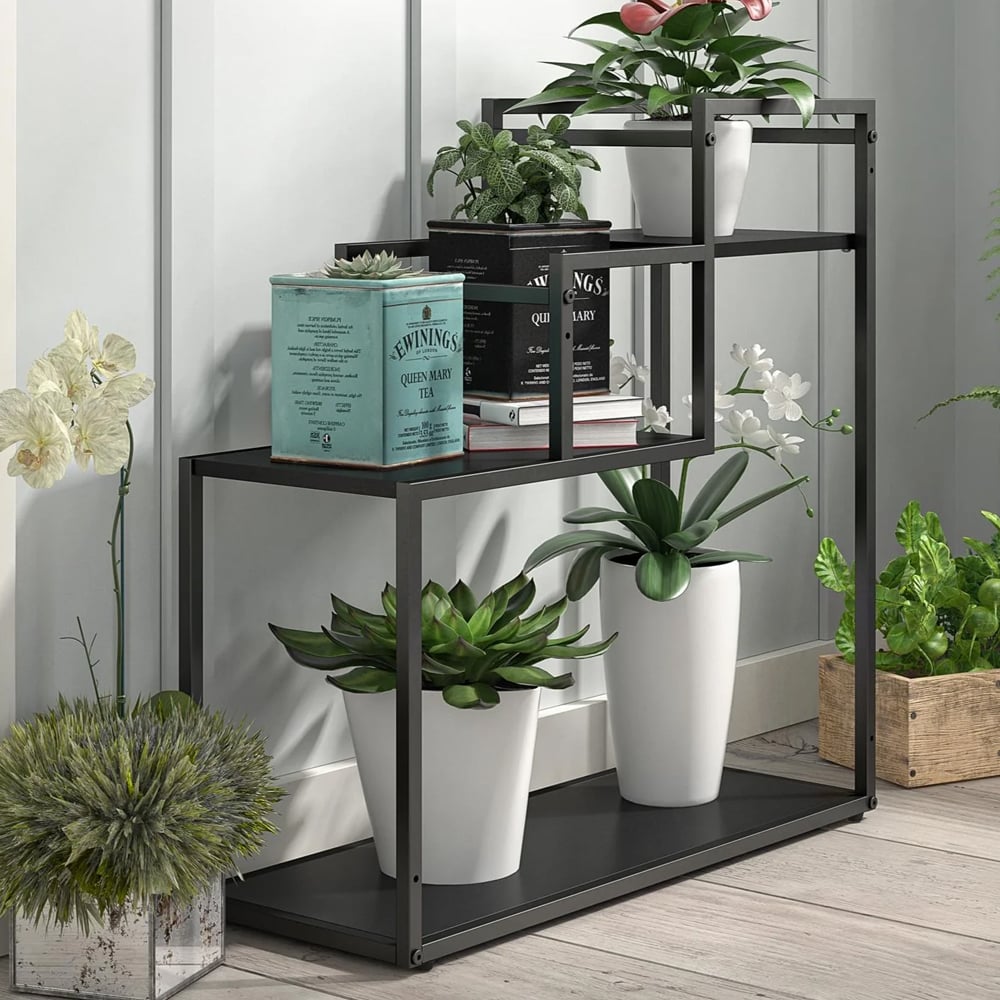 Warton Wooden Plant Stand With Metal Frame In Black
