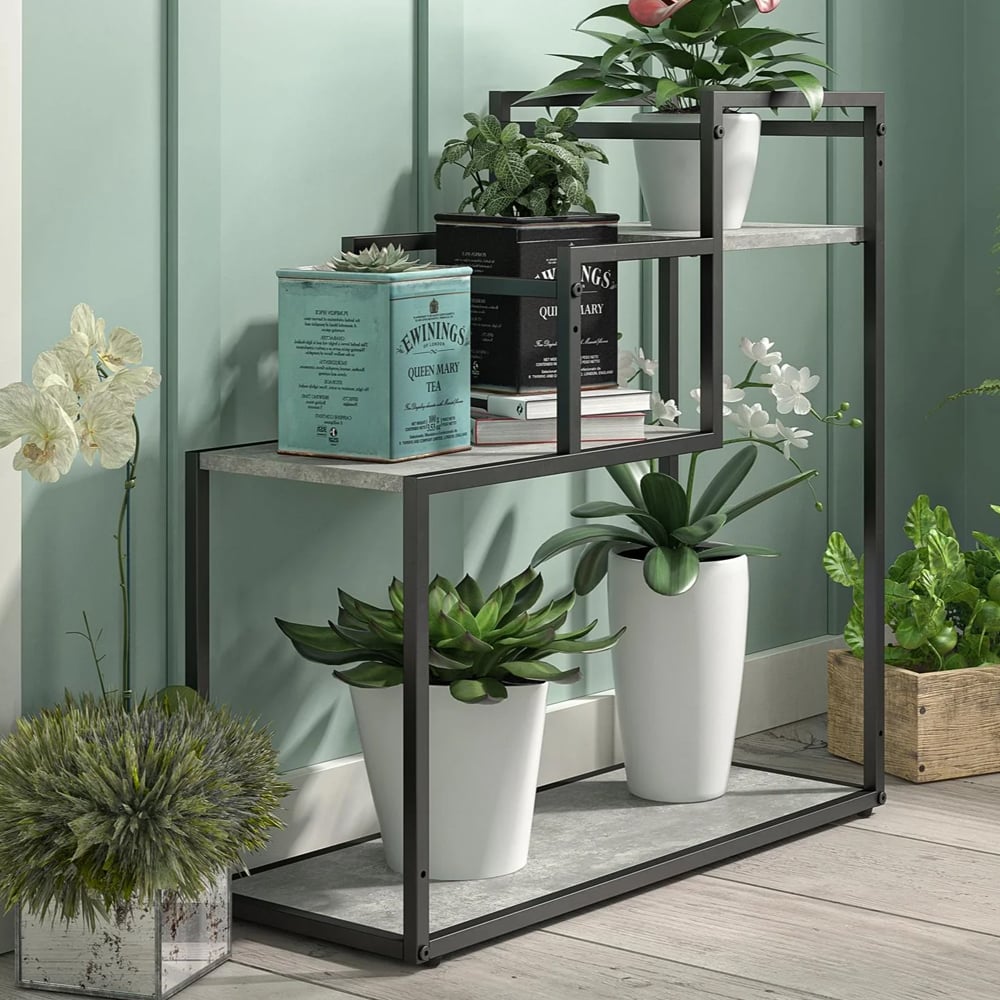 Warton Wooden Plant Stand With Metal Frame In Light Concrete