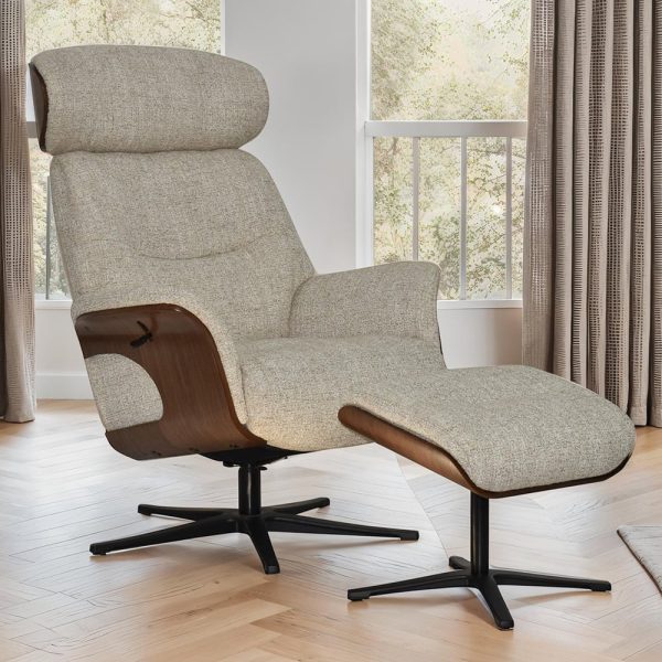 Watseka Fabric Recliner Chair With Stool In Oatmeal | Bed Sava