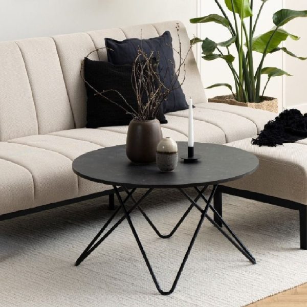 Waukee Wooden Coffee Table Round In Black Marble Effect | Bed Sava