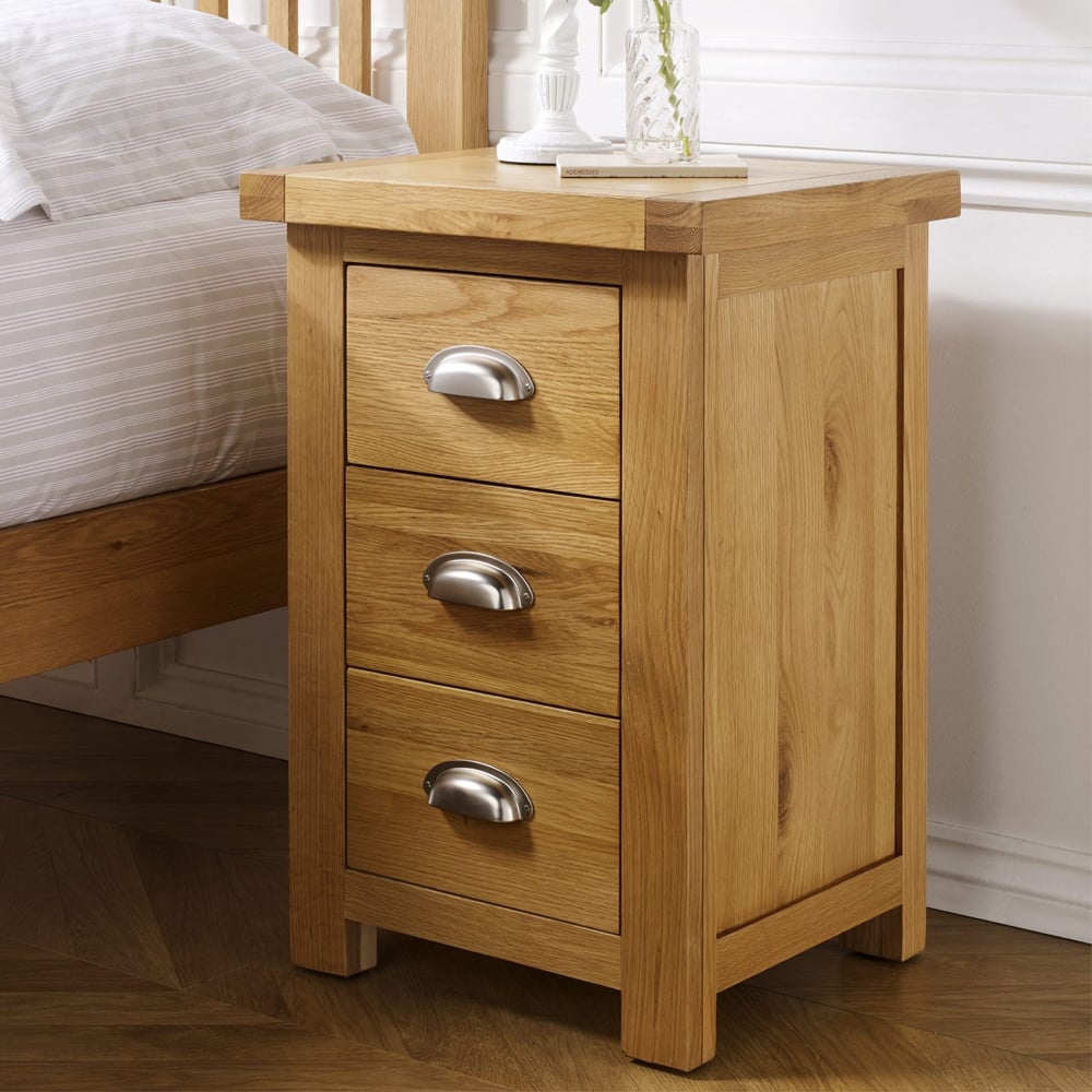 Webworms Large Wooden Bedside Cabinet With 3 Drawers In Oak