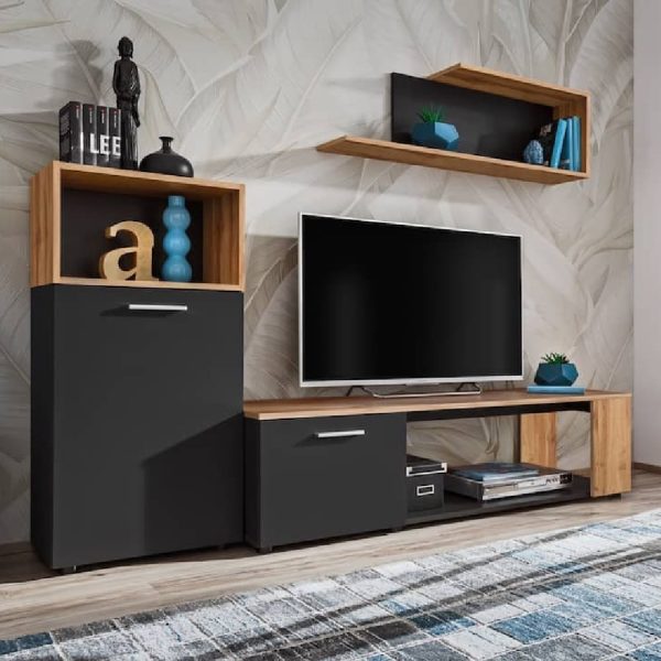 Elyria I Wooden Entertainment Unit In Matt Black And Wotan Oak | Bed Sava