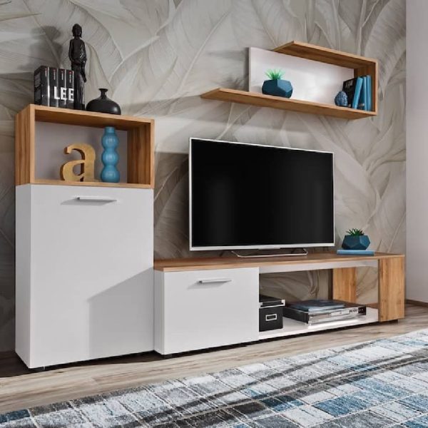 Elyria I Wooden Entertainment Unit In Matt White And Wotan Oak | Bed Sava