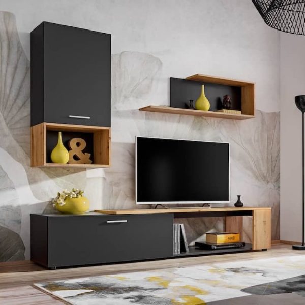 Elyria II Wooden Entertainment Unit In Matt Black And Wotan Oak | Bed Sava