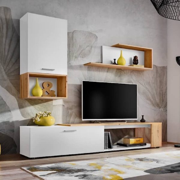 Elyria II Wooden Entertainment Unit In Matt White And Wotan Oak | Bed Sava