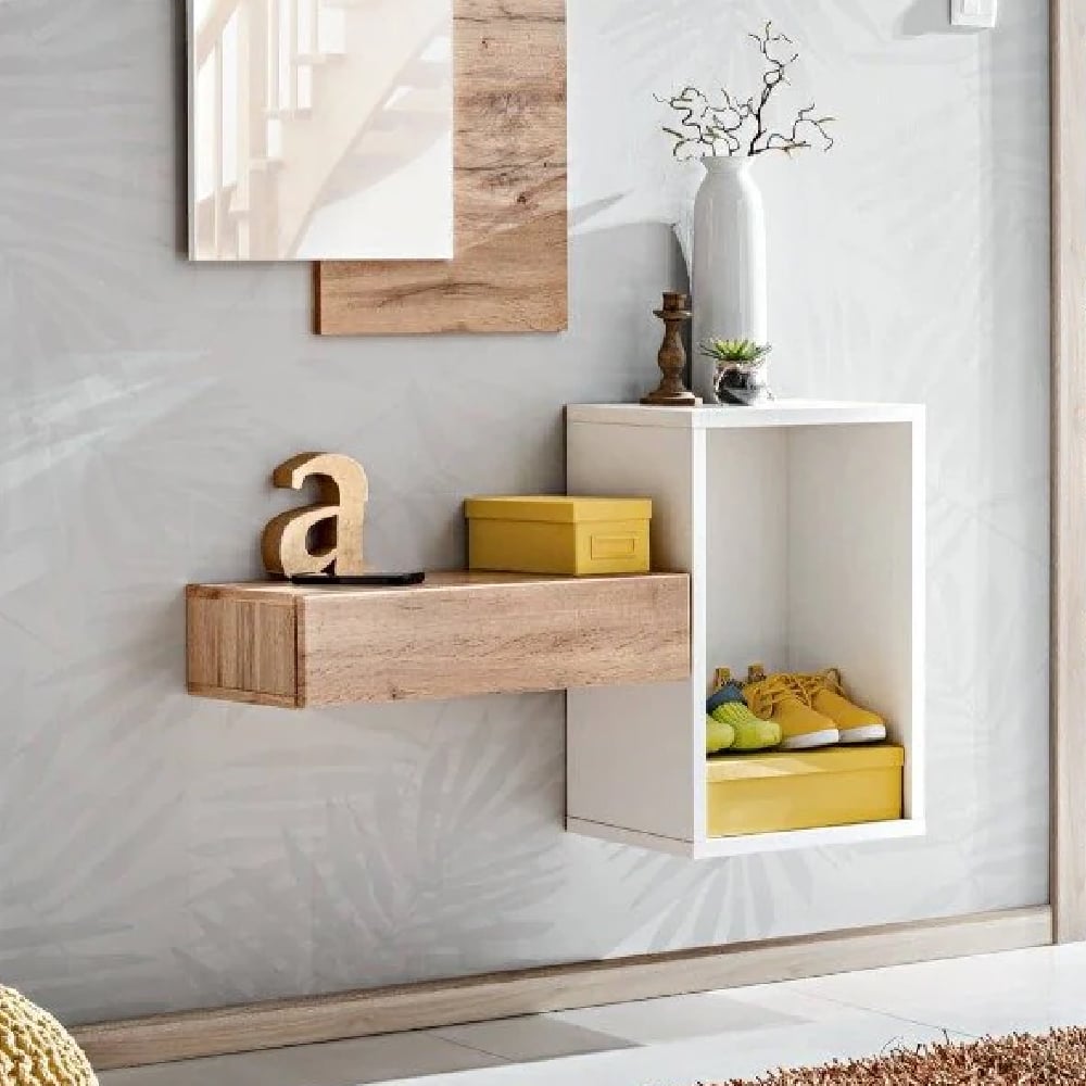 Elyria Wooden Large Wall Shelf In Wotan Oak And White