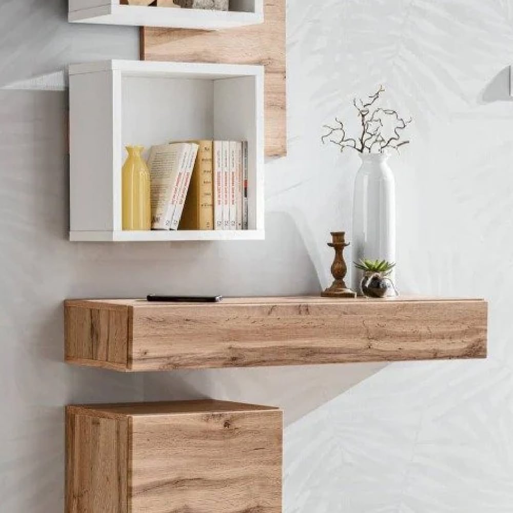 Elyria Wooden Rectangular Wall Shelf With 1 Drawer In Wotan Oak