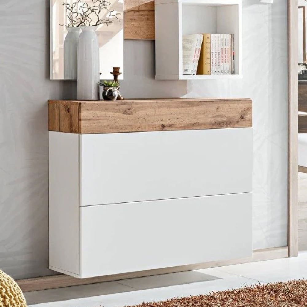 Elyria Wooden Shoe Cabinet With 2 Flip Doors In Wotan Oak White