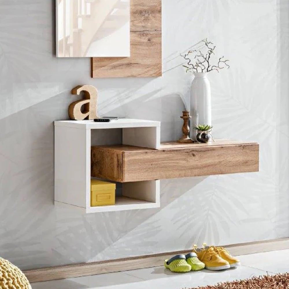 Elyria Wooden Small Wall Shelf In Wotan Oak And White