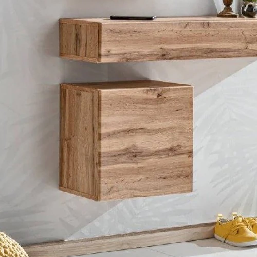 Elyria Wooden Square Wall Shelf With 1 Drawer In Wotan Oak